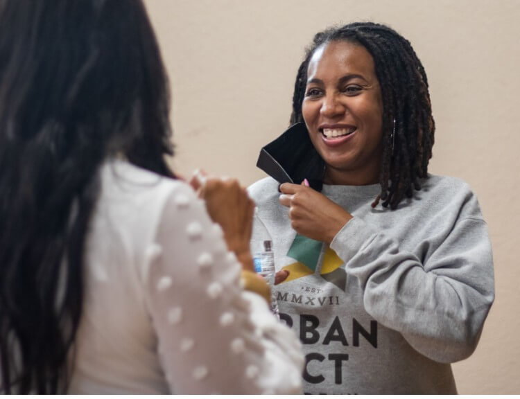 woman having conversation and smiling